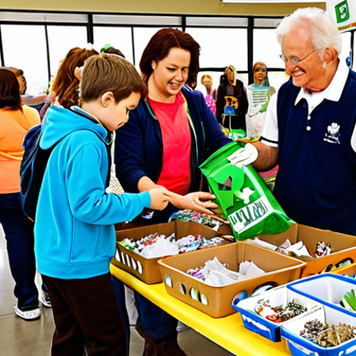 Home 7 **Community Recycling Awareness**: Create an illustration showing a vibrant community event focused on recycling education. Include people of various ages participating in workshops, engaging with informational displays, and actively sorting recyclable materials at designated stations.