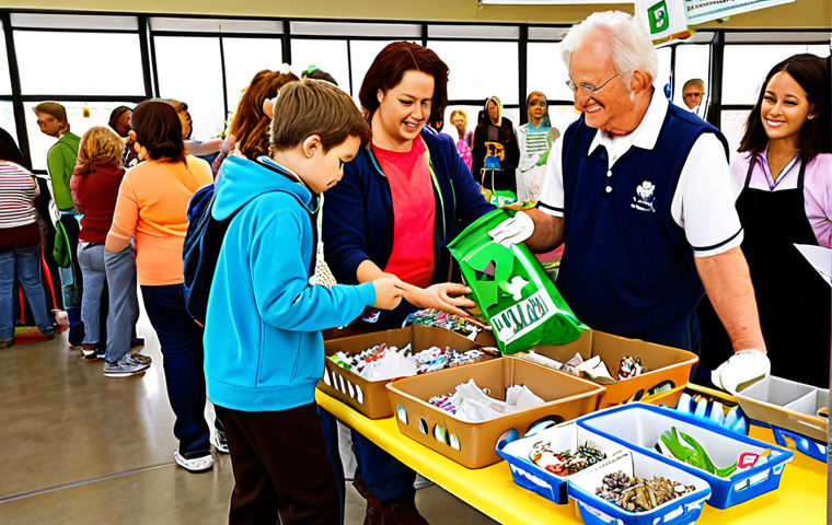**Community Recycling Awareness**: Create an illustration showing a vibrant community event focused on recycling education. Include people of various ages participating in workshops, engaging with informational displays, and actively sorting recyclable materials at designated stations.